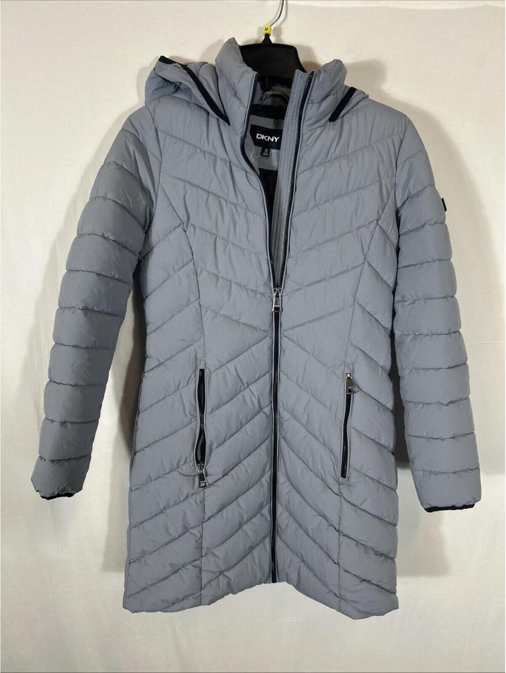 $140 DKNY Woman’s Gray Hooded Chevrolet-Quilted Puffer Jacket XS
